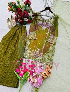 Olive Green Sequins Work Fendy Silk Palazzo Set