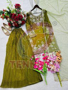 Olive Green Sequins Work Fendy Silk Palazzo Set