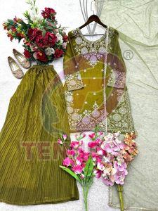 Olive Green Sequins Work Fendy Silk Palazzo Set