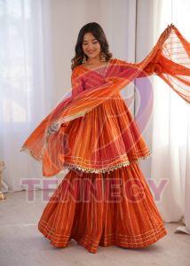 Orange Chanderi Mirror Work Sharara Set