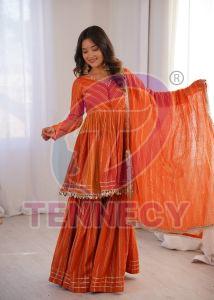 Orange Chanderi Mirror Work Sharara Set