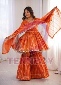 Orange Chanderi Mirror Work Sharara Set