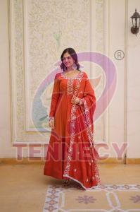 Orange Designer Russian Silk Gown Dupatta Set