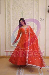 Orange Designer Russian Silk Gown Dupatta Set