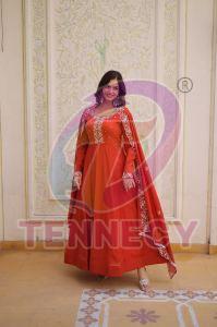 Orange Designer Russian Silk Gown Dupatta Set