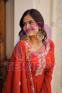 Orange Designer Russian Silk Gown Dupatta Set