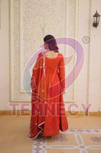 Orange Designer Russian Silk Gown Dupatta Set