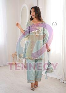 Party Wear Mirror Work Kurti Pant Set