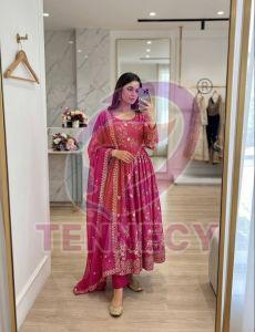 Pink Chinon Silk Gown Pant Dupatta Set