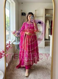 Pink Chinon Silk Gown Pant Dupatta Set