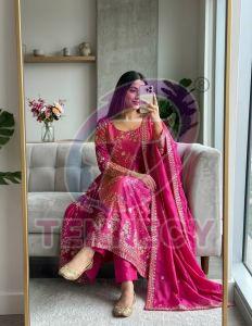 Pink Chinon Silk Gown Pant Dupatta Set