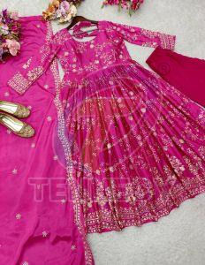 Pink Chinon Silk Gown Pant Dupatta Set