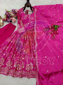 Pink Chinon Silk Gown Pant Dupatta Set