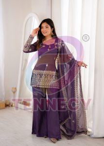 Purple Crunchy Silk Bell Bottom Suit Set
