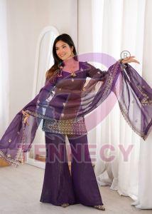 Purple Crunchy Silk Bell Bottom Suit Set