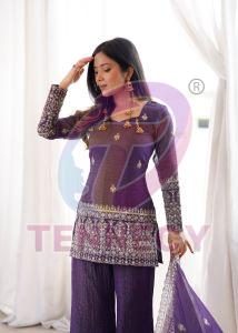 Purple Crunchy Silk Bell Bottom Suit Set