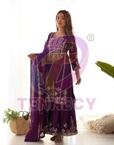 Purple Embroidered Chinnon Silk Sharara Set