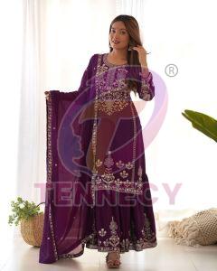 Purple Embroidered Chinnon Silk Sharara Set