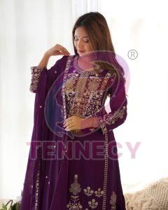 Purple Embroidered Chinnon Silk Sharara Set