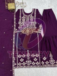 Purple Embroidered Chinnon Silk Sharara Set