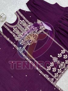 Purple Embroidered Chinnon Silk Sharara Set