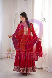 Red Designer Vichitra Silk Anarkali Set