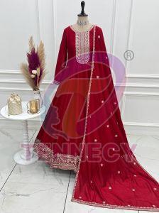 Red Designer Vichitra Silk Anarkali Set