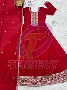 Red Designer Vichitra Silk Anarkali Set