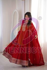 Red Designer Vichitra Silk Anarkali Set