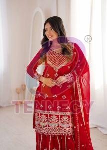 Red Embroidered Fox Georgette Sharara Set