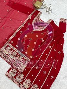 Red Embroidered Fox Georgette Sharara Set