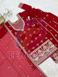 Red Embroidered Fox Georgette Sharara Set