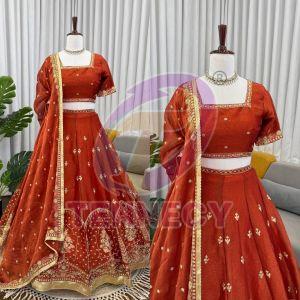 Rust Orange Krishma Silk Lehenga Set