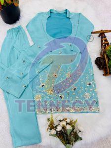 Sky Blue Glass Roman Kurta Pant Set