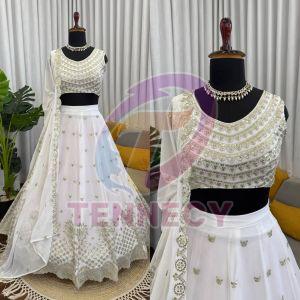 White Faux Georgette Lehenga Set