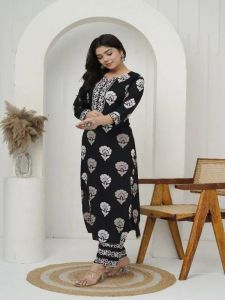 Ladies Black Rayon Floral Kurti Salwar Suit Set With Dupatta