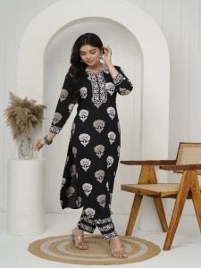 Ladies Black Rayon Floral Kurti Salwar Suit Set With Dupatta