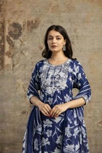 Ladies Blue Cotton Embroidered Salwar Suit Set With Dupatta