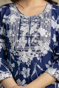 Ladies Blue Cotton Embroidered Salwar Suit Set With Dupatta