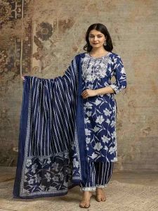 Ladies Blue Cotton Embroidered Salwar Suit Set With Dupatta