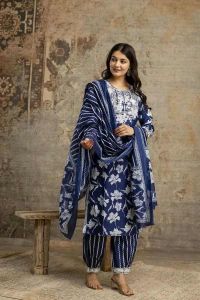 Ladies Blue Cotton Embroidered Salwar Suit Set With Dupatta