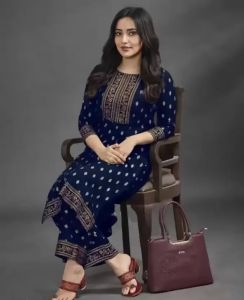 Ladies Blue Cotton Printed Kurti Pant Set