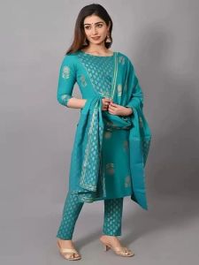 Ladies Blue Cotton Regular Fit Kurti Palazzo Set With Dupatta