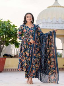 Ladies Blue Rayon Printed Kurti Palazzo Set with Dupatta