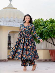 Ladies Blue Rayon Printed Kurti Palazzo Set with Dupatta
