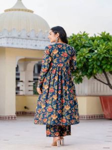Ladies Blue Rayon Printed Kurti Palazzo Set with Dupatta