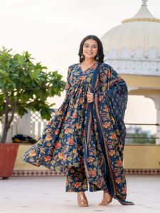 Ladies Blue Rayon Printed Kurti Palazzo Set with Dupatta