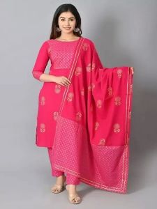Ladies Dark Pink Rayon Printed Kurti Pant Set With Dupatta