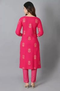Ladies Dark Pink Rayon Printed Kurti Pant Set With Dupatta