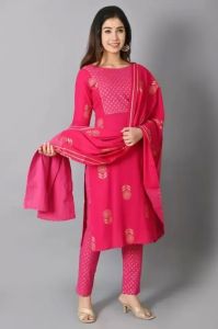 Ladies Dark Pink Rayon Printed Kurti Pant Set With Dupatta